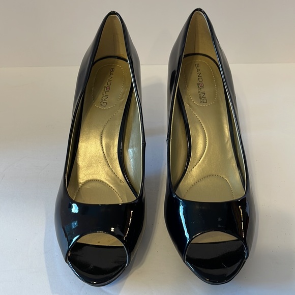 Bandolino Open Toed Black Patent Leather High Heel Dress Shoes - Picture 3 of 11